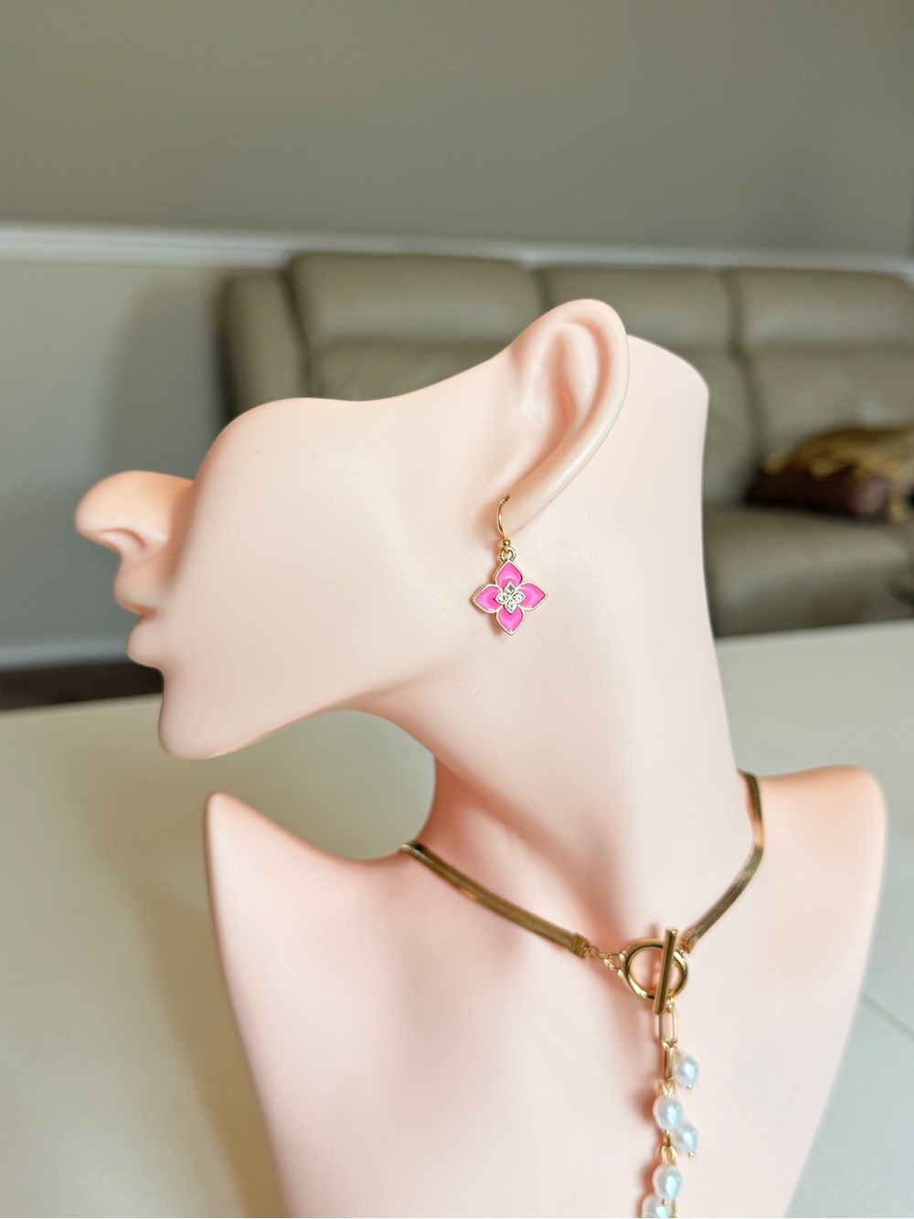 Pink Flower Drop Earrings